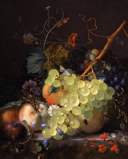 Jan van Huijsum of grapes and a peach on a table top